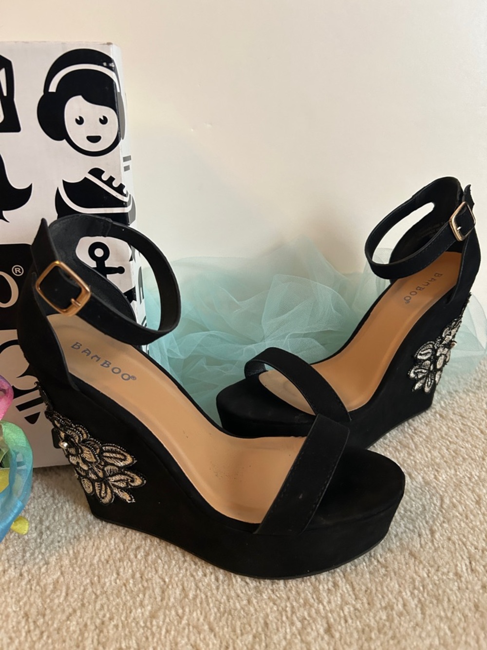 BAMBOO Embellished Ankle-Strap Wedge Sandals Black